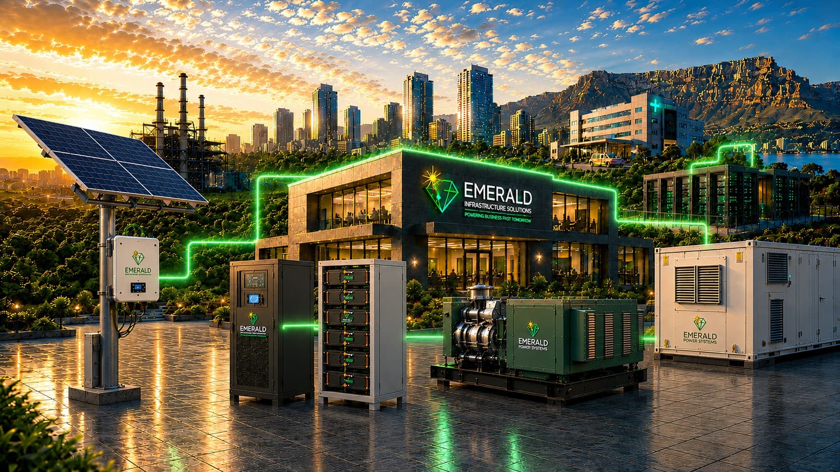 Integrated critical infrastructure ecosystem with solar, inverter, battery storage, UPS, generator and data centre